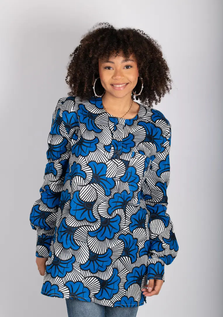 Tunique femme bleu imprimé africain tissu wax - POLEL AM