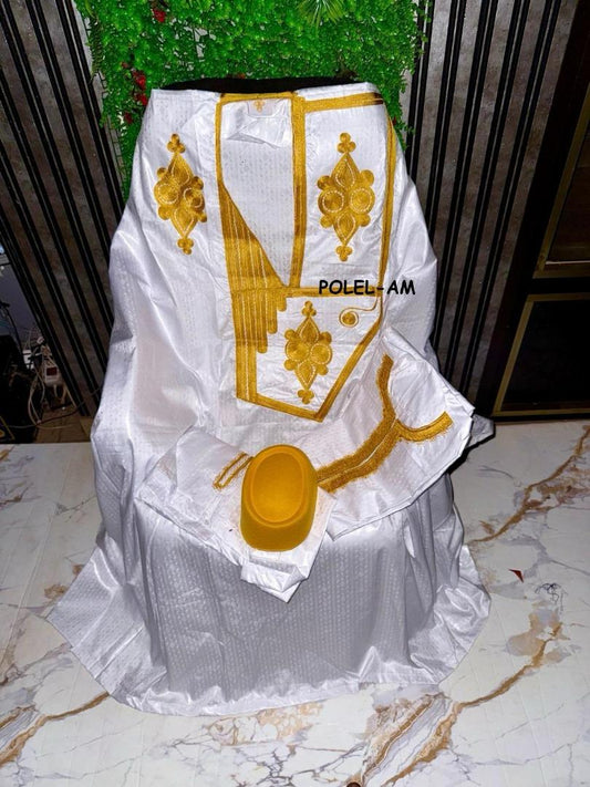 Boubou Africain - Femme - Blanc et Doré - ROKIA - Polel Am