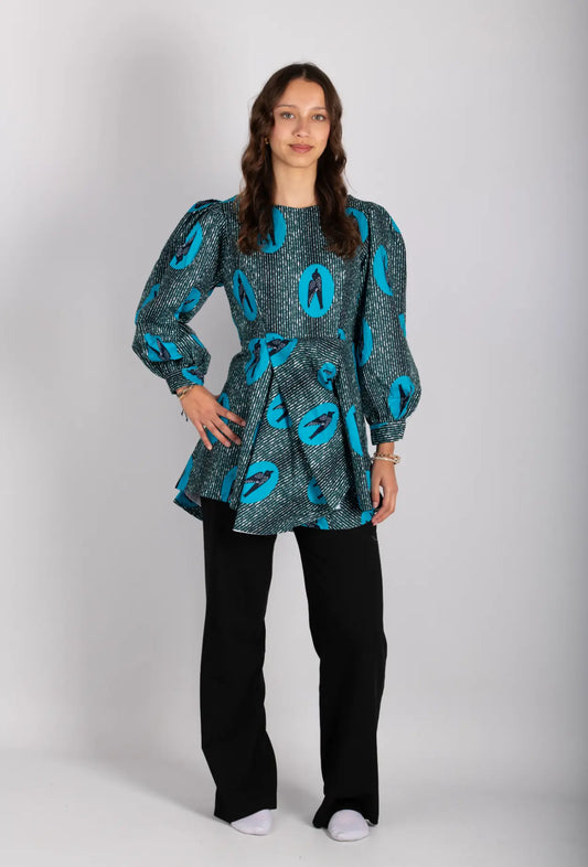 Haut femme bleu imprimé africain tissu wax - POLEL AM