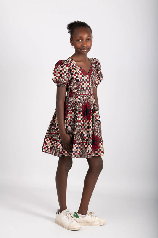 Robe enfant bordeaux imprimé africain tissu wax - POLEL AM