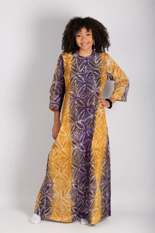 Robe jaune et violet imprimé africain tissu wax - POLEL AM