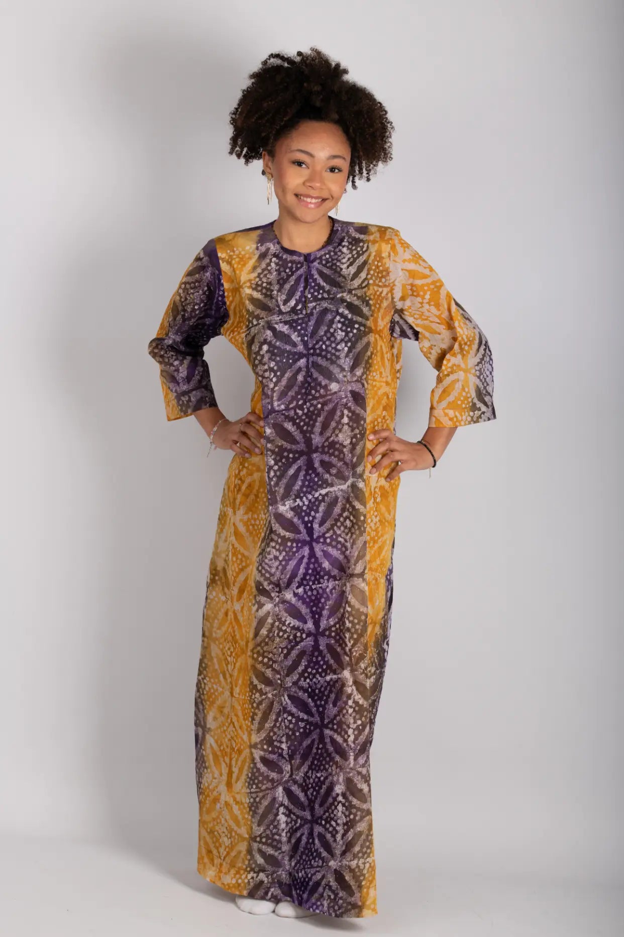 Robe jaune et violet imprimé africain tissu wax - POLEL AM