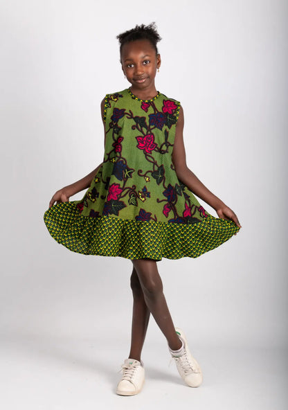 Robe enfant imprimé africain tissu wax vert - POLEL AM