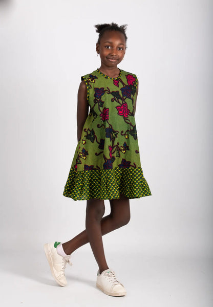 Robe enfant imprimé africain tissu wax vert - POLEL AM