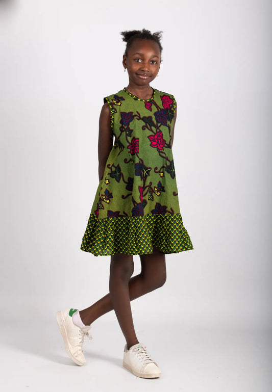 Robe enfant imprimé africain tissu wax vert - POLEL AM