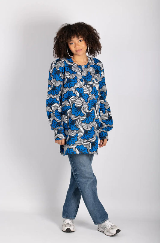 Tunique femme bleu imprimé africain tissu wax - POLEL AM