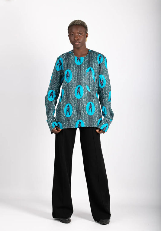 Tunique turquoise femme imprimé africain tissu wax - POLEL AM